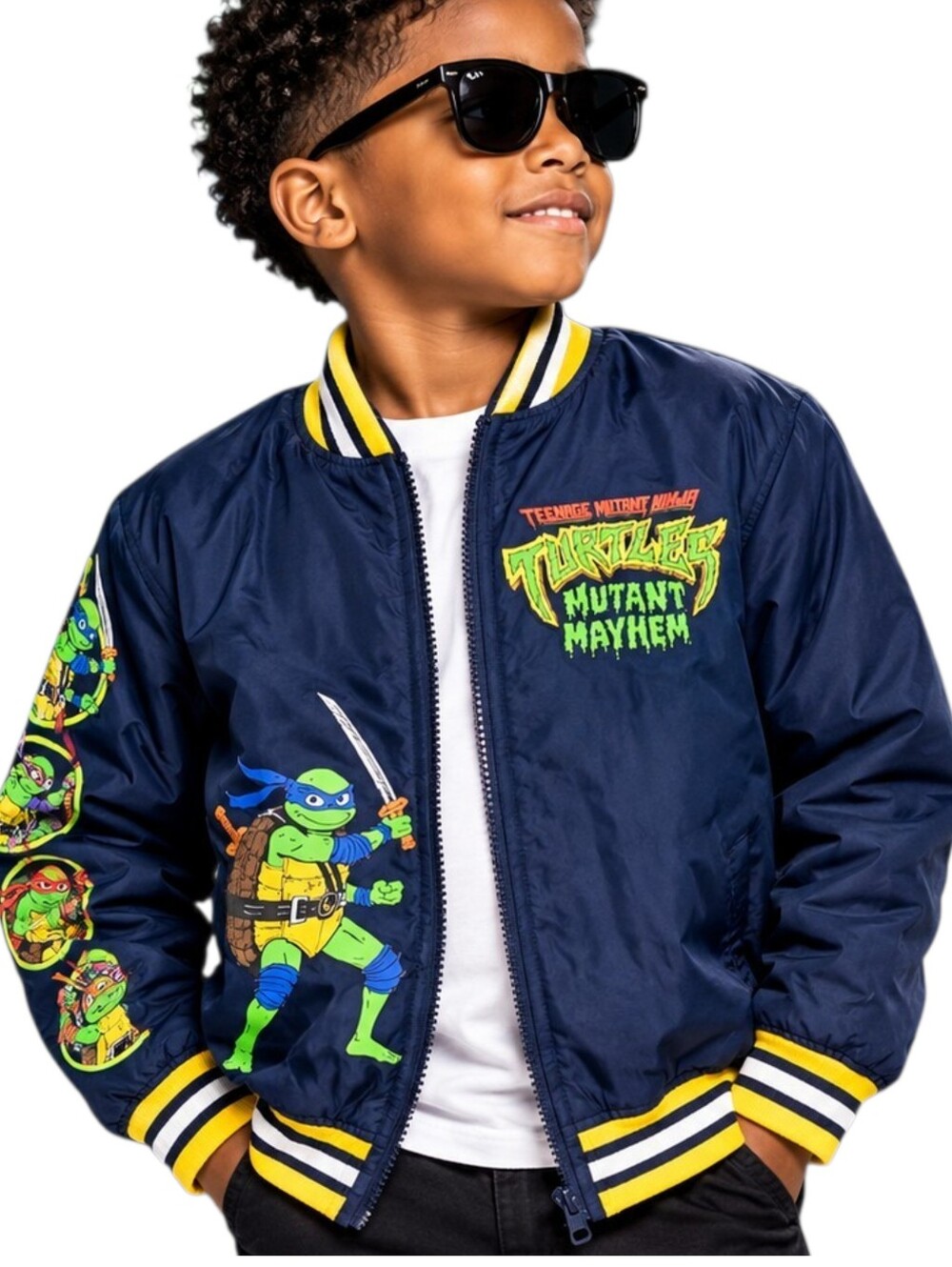 TMNT Mutant Mayhem Boys Varsity Bomber Jacket Navy Blue Yellow Size 10/12